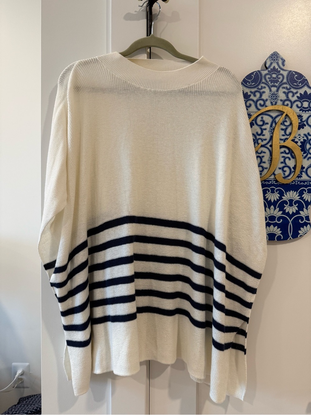 Classic Striped Knit Poncho - White & Navy
